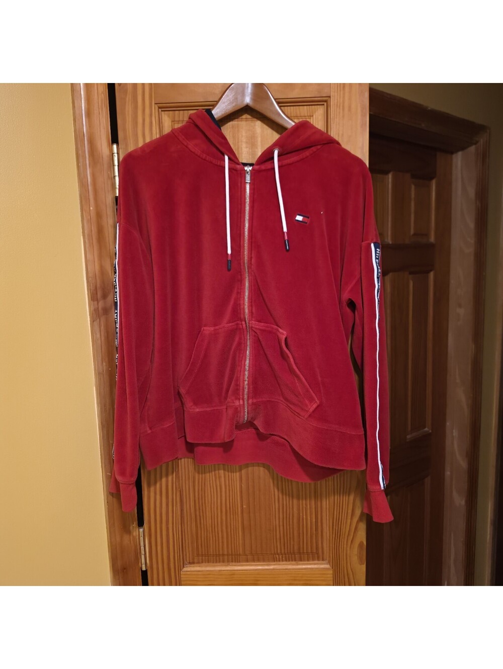 Tommy Hilfiger Sport Red Velour Zip Hoodie XL Full Zip Logo Tape Jacket